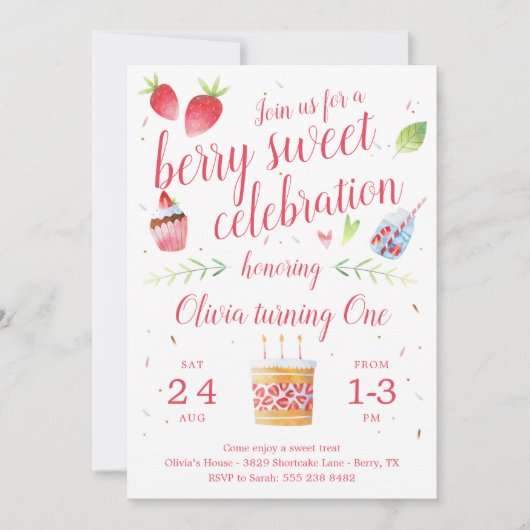 Berry Sweet Strawberry Birthday Party Invitation Kaart (Voorkant)