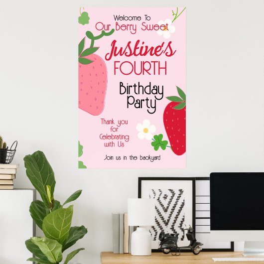 Berry Sweet Strawberry Birthday Party Poster (Thuiskantoor)