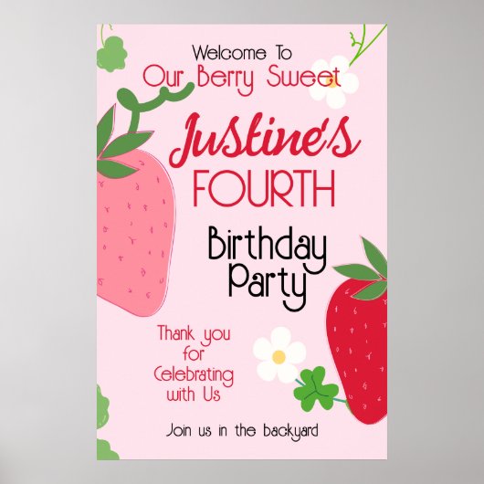 Berry Sweet Strawberry Birthday Party Poster (Voorkant)