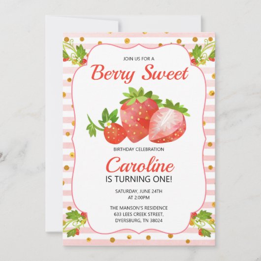 Berry Sweet Strawberry Birthday Uitnodiging (Voorkant)