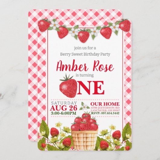 Berry Sweet Strawberry Birthday Uitnodiging (Voorkant / Achterkant)