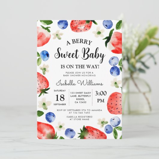 Berry Sweet Strawberry Blueberry Meisje Baby showe Kaart (Staand voorkant)
