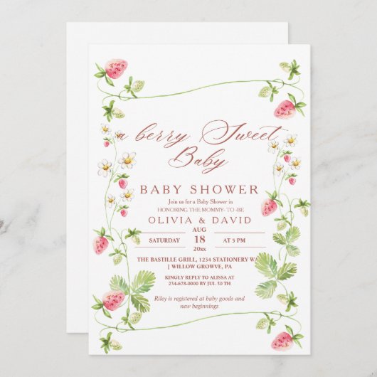 Berry Sweet Strawberry Elegant Baby shower Kaart (Voorkant / Achterkant)