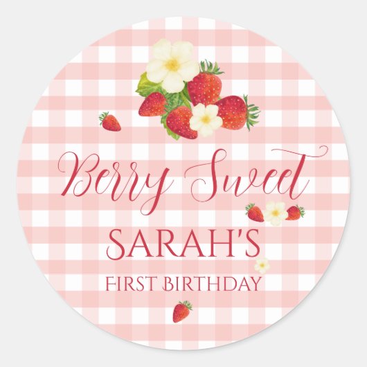 Berry Sweet Strawberry Favor Gift 1st Birthday  Ronde Sticker (Voorkant)
