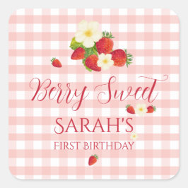 Berry Sweet Strawberry Favor Gift 1st Birthday  Vierkante Sticker