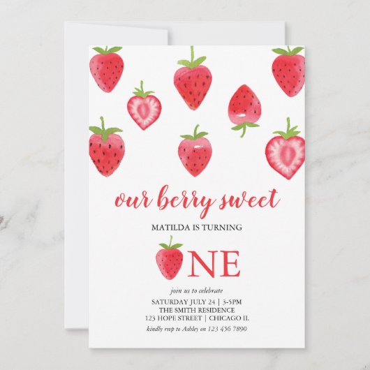 Berry Sweet Strawberry First Birthday Invitation Kaart (Voorkant)