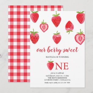 Berry Sweet Strawberry First Birthday Invitation Kaart