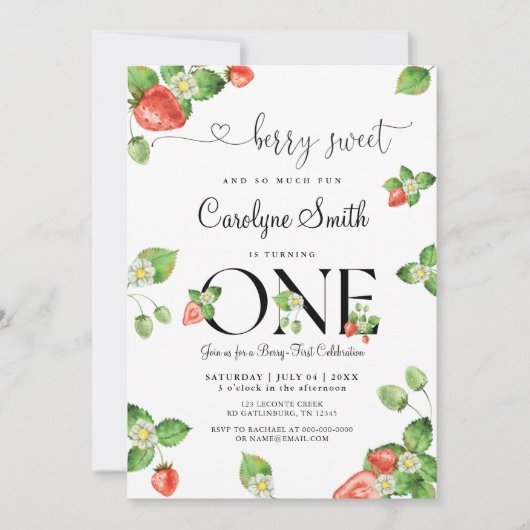 Berry Sweet Strawberry First Birthday Invitation Kaart (Voorkant)
