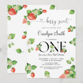 Berry Sweet Strawberry First Birthday Invitation Kaart (Voorkant / Achterkant)