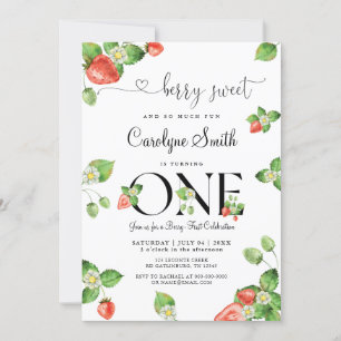 Berry Sweet Strawberry First Birthday Invitation Kaart