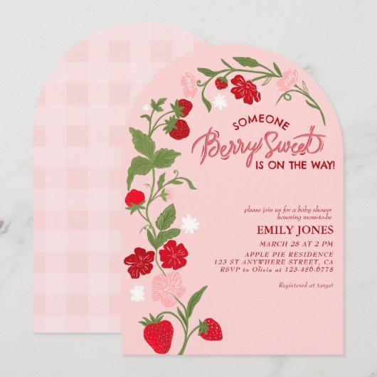 Berry Sweet Strawberry floral Baby shower Kaart (Voorkant / Achterkant)