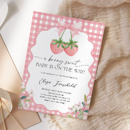 Berry Sweet Strawberry Gingham Baby Shower Kaart