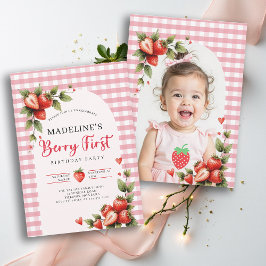 Berry Sweet Strawberry Gingham Photo 1st Birthday Kaart