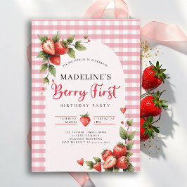 Berry Sweet Strawberry Gingham Summer 1st Birthday Kaart