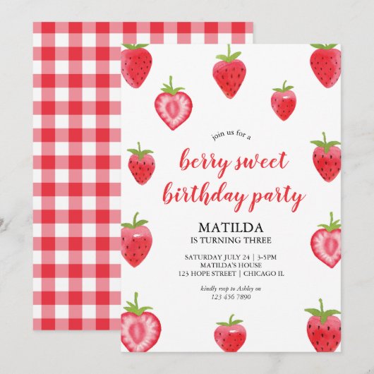 Berry Sweet Strawberry Girl Birthday Uitnodiging (Voorkant / Achterkant)