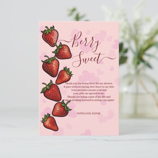 Berry Sweet Strawberry Hearts Baby shower Bedankkaart (Staand voorkant)