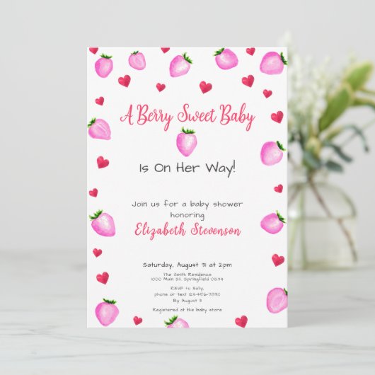 Berry Sweet Strawberry Hearts Girl Baby shower Kaart (Staand voorkant)