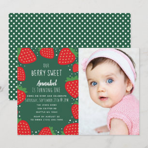 Berry Sweet Strawberry Kinder 1st Birthday Foto Kaart