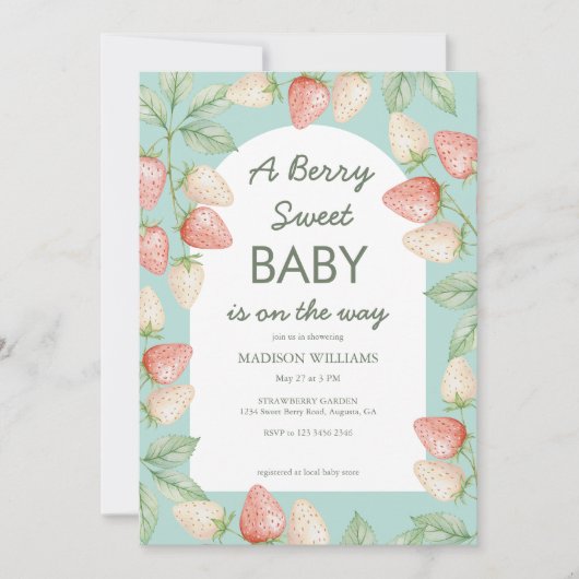 Berry Sweet Strawberry Mint Green Baby shower Kaart (Voorkant)