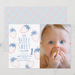 Berry Sweet Strawberry Pink 1e verjaardag foto Kaart