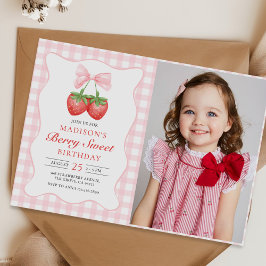 Berry Sweet Strawberry Pink Bow Verjaardagsfoto Kaart