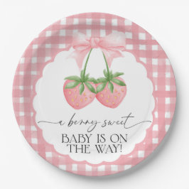 Berry Sweet Strawberry Pink Gingham Baby Shower Papieren Bordje