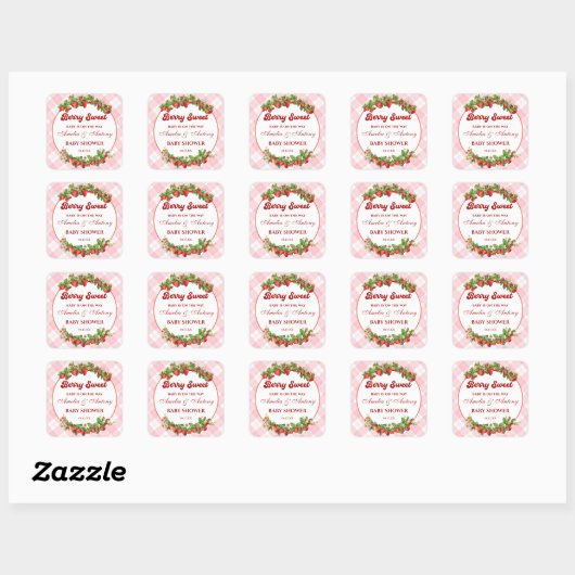 Berry Sweet Strawberry Pink Gingham Baby shower Vierkante Sticker (Vel)