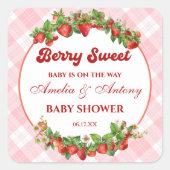 Berry Sweet Strawberry Pink Gingham Baby shower Vierkante Sticker (Voorkant)
