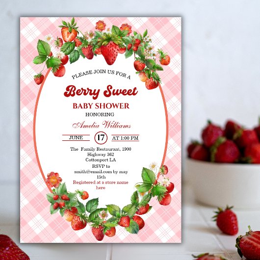 Berry Sweet Strawberry Pink Girl Baby shower Kaart