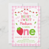 Berry Sweet Strawberry Pink Green First Birthday Kaart (Voorkant)