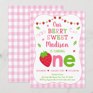 Berry Sweet Strawberry Pink Green First Birthday Kaart