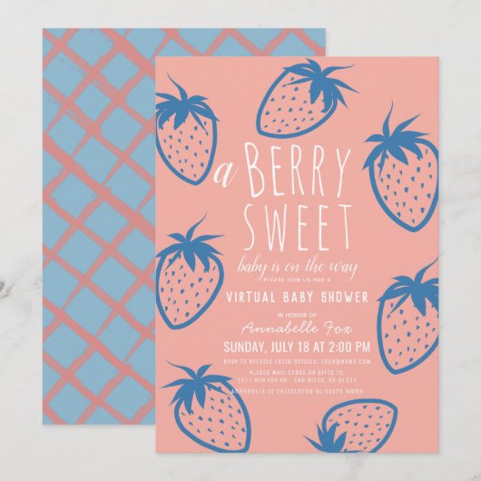 Berry Sweet Strawberry Pink Virtual Baby shower Kaart (Voorkant / Achterkant)