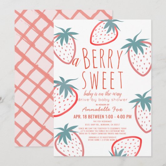 Berry Sweet Strawberry Red Drive-by Baby shower Kaart (Voorkant / Achterkant)