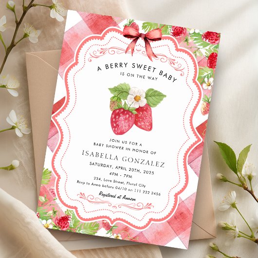 Berry Sweet Strawberry Red Gingham Baby shower Kaart