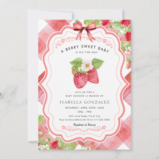 Berry Sweet Strawberry Red Gingham Baby shower Kaart (Voorkant)