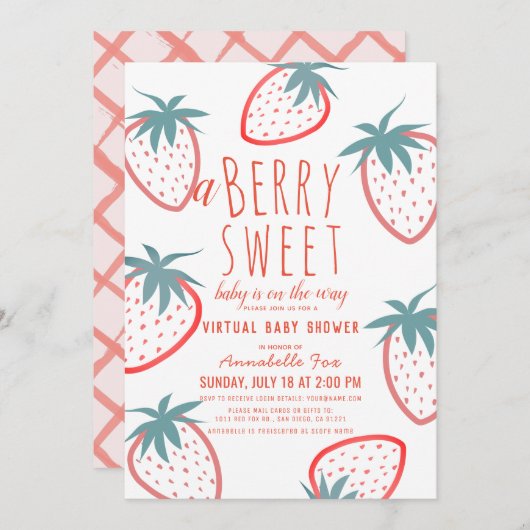 Berry Sweet Strawberry Red Virtual Baby shower Kaart (Voorkant / Achterkant)