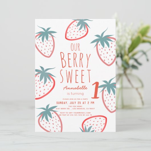 Berry Sweet Strawberry Red White 1e verjaardag Kaart (Staand voorkant)