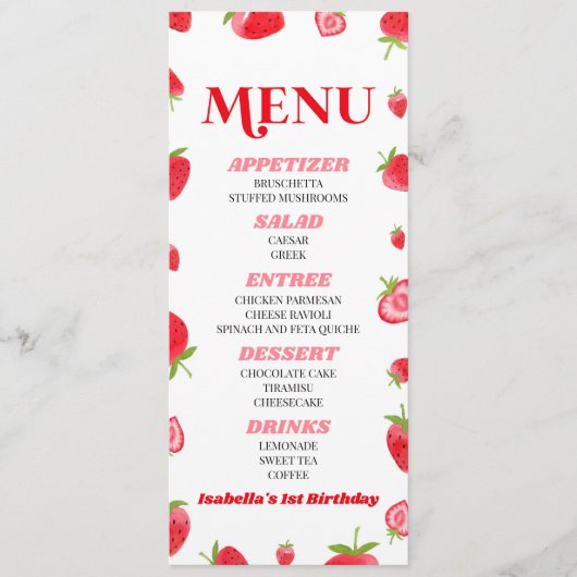 Berry Sweet Strawberry Roze Rode Verjaardagsfeestj Menu (Voorkant)