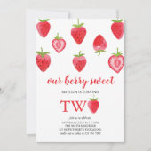 Berry Sweet Strawberry Second Birthday Invitation Kaart (Voorkant)