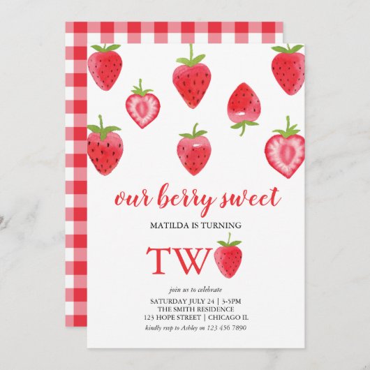 Berry Sweet Strawberry Second Birthday Invitation Kaart (Voorkant / Achterkant)