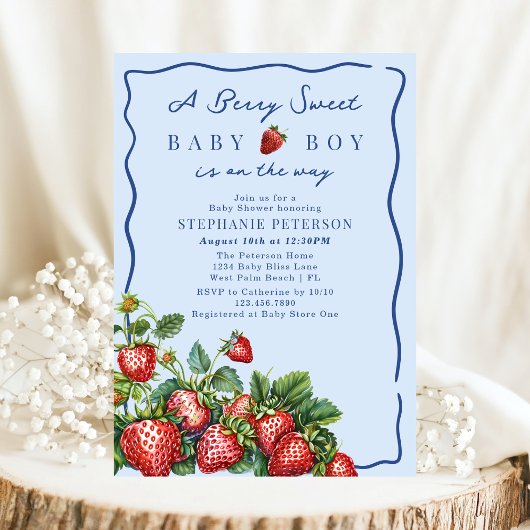 Berry Sweet Strawberry Summer Blue Boy Baby Shower Kaart