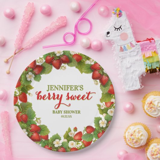 Berry Sweet Strawberry Theme Baby shower Papieren Bordje (Feest)