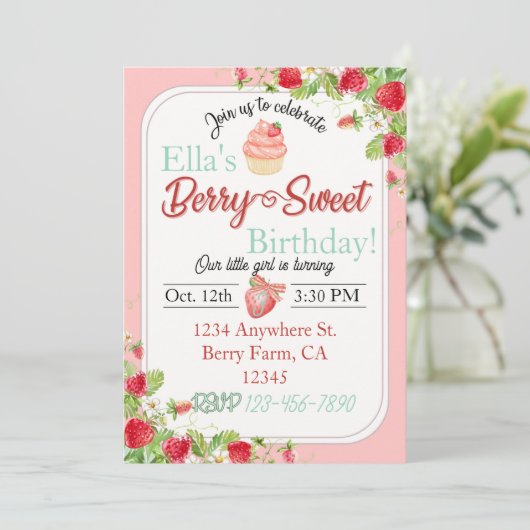 Berry Sweet, Strawberry Theme Verjaardag Uitnodigi Kaart (Staand voorkant)