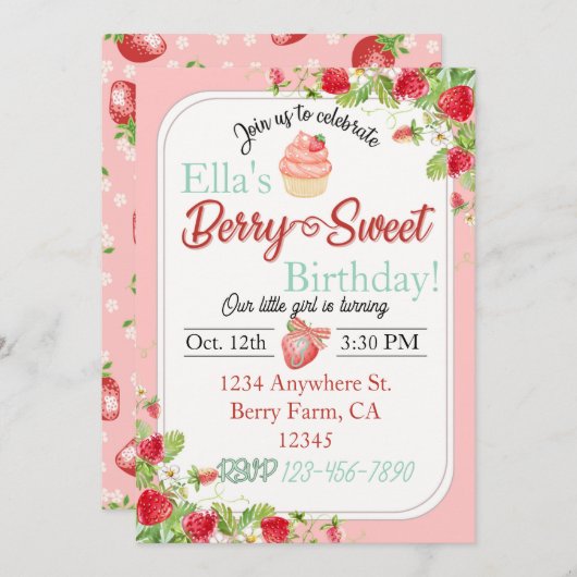 Berry Sweet, Strawberry Theme Verjaardag Uitnodigi Kaart (Voorkant / Achterkant)