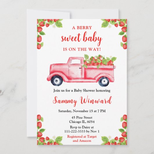 Berry Sweet Strawberry Truck Baby shower Kaart (Voorkant)