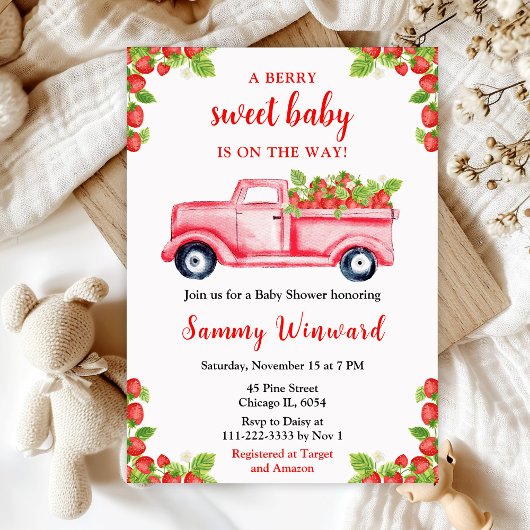 Berry Sweet Strawberry Truck Baby shower Kaart