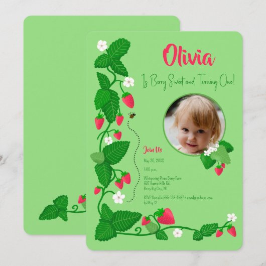 Berry Sweet Strawberry Vine 1st Birthday Girl Kaart (Voorkant / Achterkant)