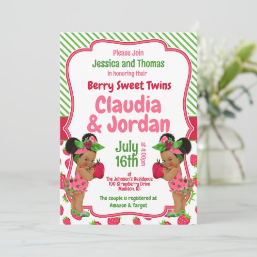 Berry Sweet Twins Strawberry Baby shower Kaart (Staand voorkant)