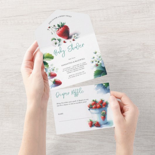 Berry Sweet Waterverf Strawberry Baby shower All In One Uitnodiging (Afscheurbaar)