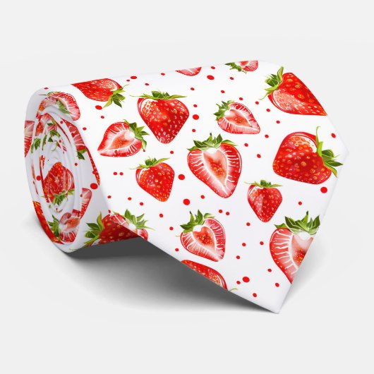 Berry Sweet White en Red Strawberry Pattern Stropdas (Opgerold)